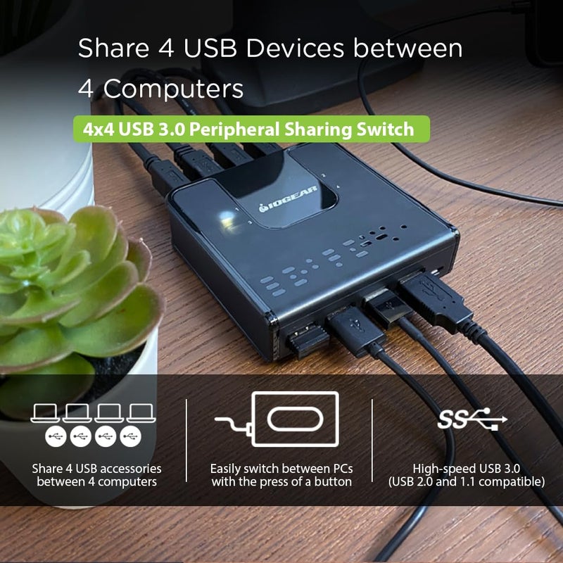 IOGEAR 4x4 USB 3.0 Peripheral Sharing Switch - Share 4 USB Devices Between 4 Computers - LED Indicators - Cables & Remote Included - PC - MAC - Printer - Scanner - Mouse/Keyboard and More - GUS434 - Image 3